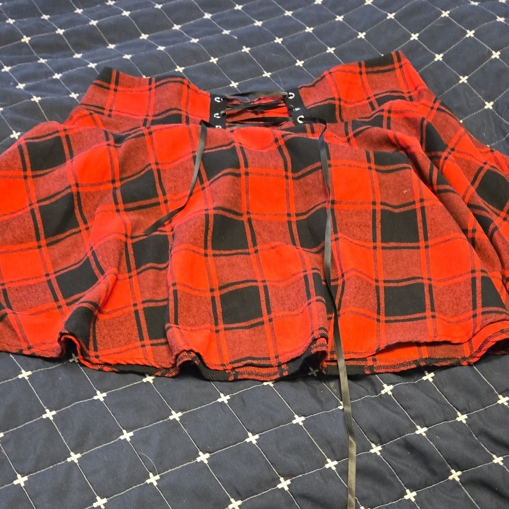Red and Black Plaid Skirt with Lace-Up Detail